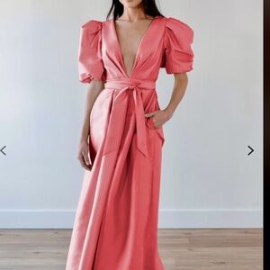 Watters Coral Puff-Sleeve Deep V Maxi Dress